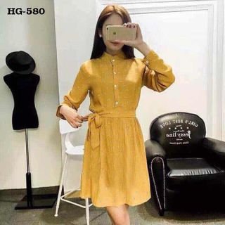 Hg-580 đầm xếp ly thắt eo màu vàng