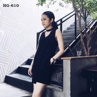 Hg-610 jumsuit cổ v viền choker màu đen
