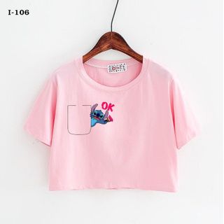 I-106 áo thun nữ croptop in họa tiết giả túi ok