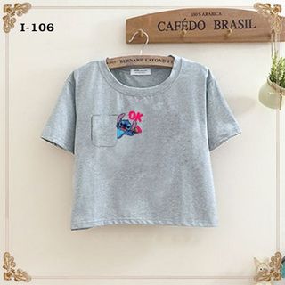 I-106 áo thun nữ croptop in họa tiết giả túi ok
