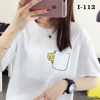 I-112 áo thun nữ tay lỡ họa tiết giả túi
