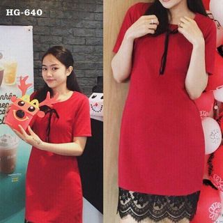 Hg-640 đầm thắt nơ chân ren màu đỏ