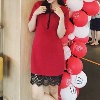 Hg-640 đầm thắt nơ chân ren màu đỏ