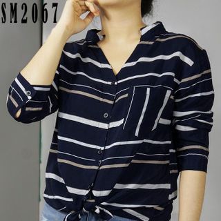 Sm-2067 áo sơ mi nữ tay dài cổ trụ màu xanh đen kẻ sọc