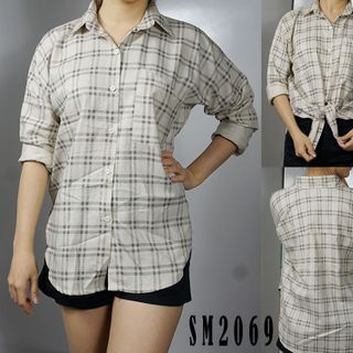 Sm-2069 áo sơ mi nữ tay dài cổ bẻ sọc caro