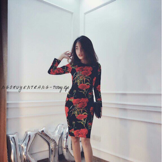 Đầm body tay con in họa tiết