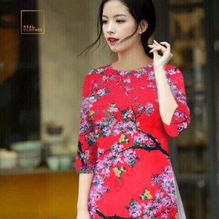 Áo dài hai tag in hoa đào