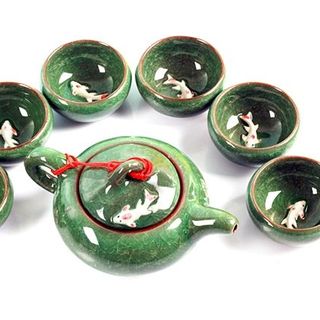 Bộ ấm chén men ngọc hình cá 3 d màu xanh ngọc
