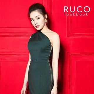 Đầm ôm lệch vai dây kéo đồng - xanh hkt422