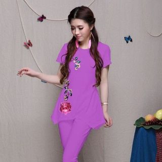 Bộ kiểu form dài màu tím dập hoa hồng nổi