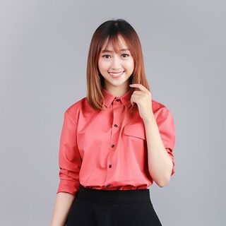 Sm2075 áo sơ mi nữ tay dài túi giả nút đen