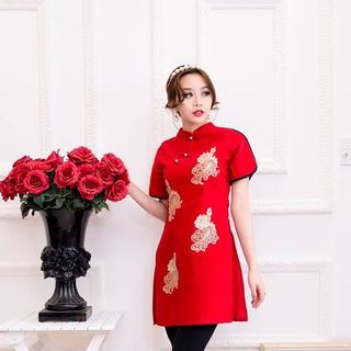 Áo dài cách tân nhung đỏ – dam xoe dep 2017
