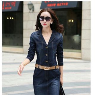 Đầm jean body cổ sơ mi phối túi