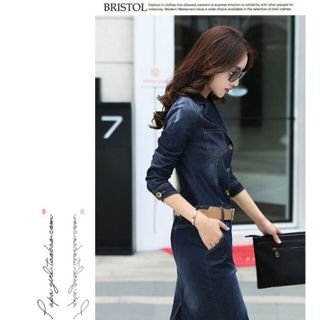 Đầm jean body cổ sơ mi phối túi