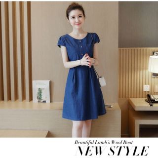 Đầm jean xòe cổ tròn phối túi