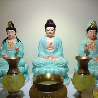 Bộ tây phương tam thánh phật ngồi bằng đá xanh ngọc thiên thanh cao 40 cm