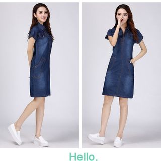 Đầm jean suông cổ sơ mi phối túi