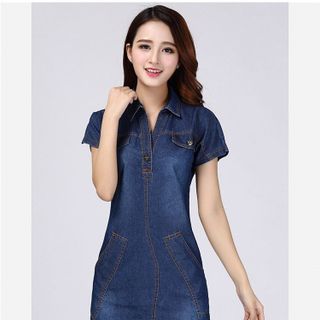 Đầm jean suông cổ sơ mi phối túi
