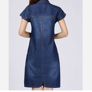 Đầm jean suông cổ sơ mi phối túi
