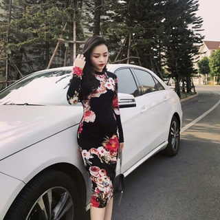 đầm body tay dài in hoa 3d