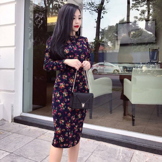 đầm body tay dài in hoa 3d