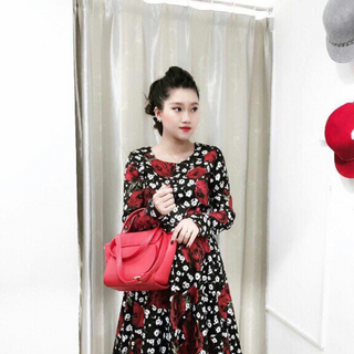 Đầm xoè tay dài in họa tiết
