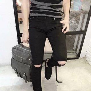 Quần jean đen nam rách gối