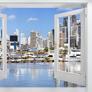 Tranh dán tường 3d chủ đề cửa sổ thành phố giá 320k/1m2