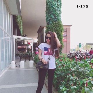 I178 áo thun tay ngắn màu trăng lá cờ mỹ