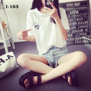 I-163 áo thun tay lỡ form rộng màu trắng họa tiết kim cương