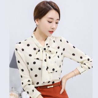Áo sơ mi chấm bi to cột nơ