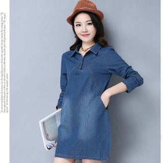 Đầm jean suông cổ sơ mi v sâu tay dài có size xxl