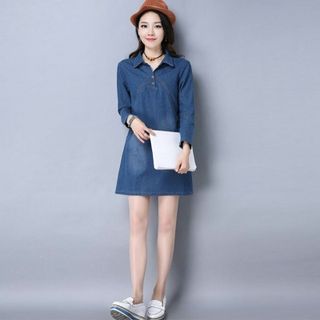 Đầm jean suông cổ sơ mi v sâu tay dài có size xxl