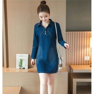 Đầm jean suông có size xxl tay dài cổ sơ mi v