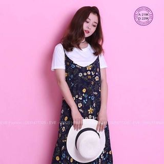 Set yếm hoa kèm áo thun - sỉ 5 cái bất kỳ giá 155k - chất vải voan in 3d áo thun cotton giá sỉ