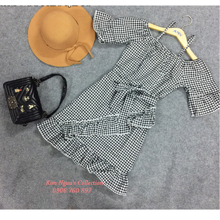Đầm caro trễ vai