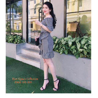 Đầm caro trễ vai