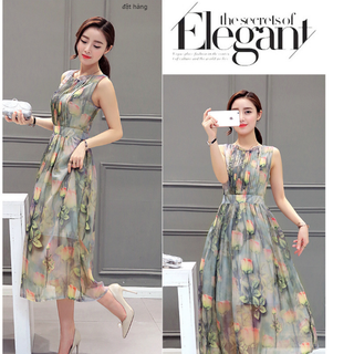 Đầm voan hoa xếp ly