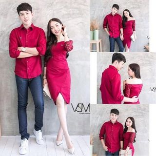 Áo váy cặp xòe đỏ tay ren