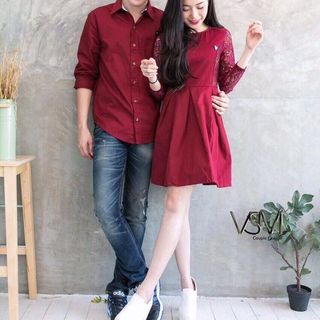 Áo váy cặp xòe đỏ tay ren