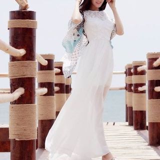 Đầm maxi voan trắng thiết kế pha ren lông công tuyệt đẹp ap11