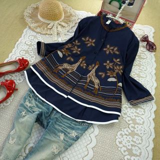 áo sơ mi rộng thêu con hươu a0460