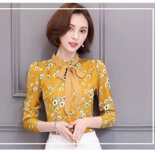Áo sơ mi voan hoa thắt nơ cổ