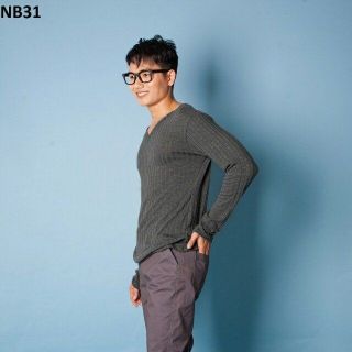 Nb31 áo thun nam cổ tim tay dài len gân xám