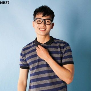 Nb37 áo thun nam cổ bẻ sọc xám xanh đen