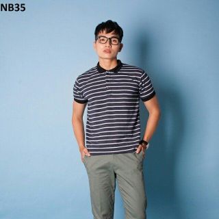 Nb35 áo thun nam cổ bẻ sọc xanh đen trắng