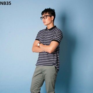 Nb35 áo thun nam cổ bẻ sọc xanh đen trắng