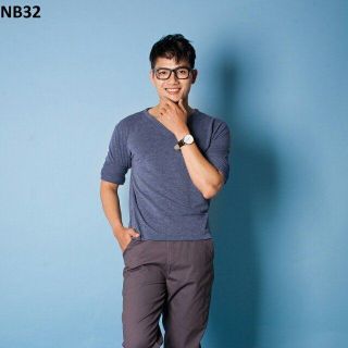 Nb32 áo thun nam cổ tim tay dài xanh jean