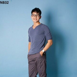 Nb32 áo thun nam cổ tim tay dài xanh jean