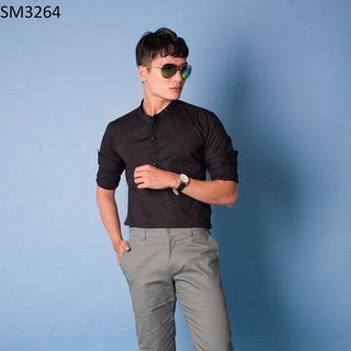 Sm3264 áo sơ mi nam tay dài cổ trụ đen